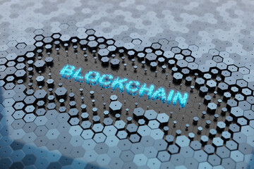 Blockchain technology concept. Blockchain inscription on the background of hexagons. 3D render