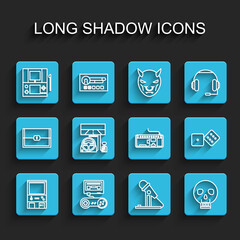 Set line Retro arcade game machine, Game console with joystick, Portable video, Microphone, Skull, Racing simulator cockpit, dice and Computer keyboard icon. Vector