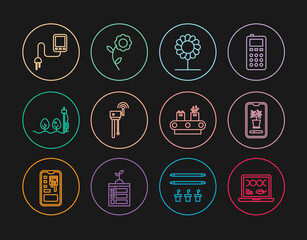 Set line Genetic engineering modification, Smart control farming system, Flower, Router and wi-fi signal, Standalone sensor plant, Sensor, Conveyor belt with box and icon. Vector