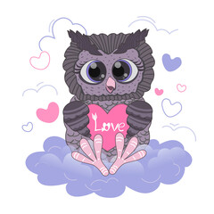 Valentine's day card in cartoon style. An owl is drawn on a cloud, she holds a heart, inside it is written - Love, hearts are drawn around. Stock vector illustration isolated on white background