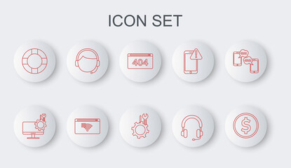 Set line Coin money with dollar, Computer monitor service, Page 404 error, Headphones, Lifebuoy, Man headset, No Internet connection and Wrench and screwdriver gear icon. Vector