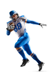 Fototapeta na wymiar American football sportsman in action and motion. Sport. Running athlete. Isolated on white background