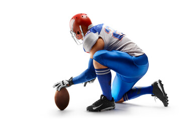 American football. Holder placing ball. Isolated on white background. Sport