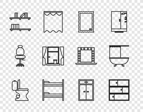 Set line Toilet bowl, Shelf, Picture, Bunk bed, with books, Window curtains, Wardrobe and Bathtub shower icon. Vector