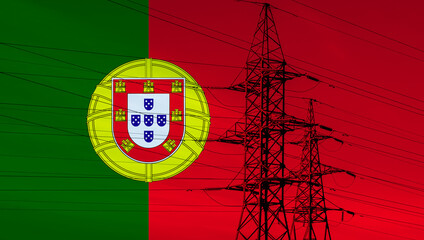 Portuguese flag with electric tower and lines. Energy supply in Portugal. High electricity prices....