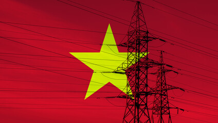 Vietnamese flag with electric tower and lines. Energy supply in Vietnam. High electricity prices....