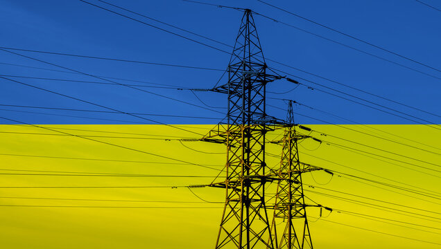 Ukrainian flag with electric tower and lines. Energy supply in Ukraine. High electricity prices. Power outage, power cut or blackout theme. - Powered by Adobe