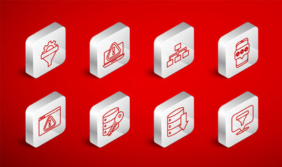 Set line Location with sales funnel, Laptop exclamation mark, Hierarchy organogram chart, Mobile and password, Server, Data, Web Hosting, Sales gear, security key and Browser icon. Vector