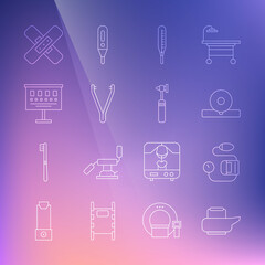 Set line Bedpan, Blood pressure, Otolaryngological head reflector, Medical thermometer, tweezers, Eye test chart, Crossed bandage plaster and otoscope tool icon. Vector