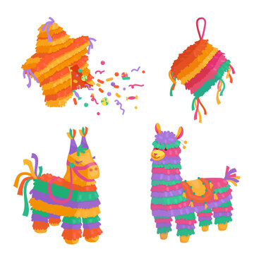 Set of colorful Mexican piñatas in the form of a donkey, a llama, a cube and a broken star with flying sweets. Cartoon vector graphics.