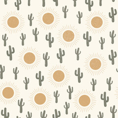 Seamless textured pattern vector summer cactus on desert with sun for fashion fabric and prints - 482260866