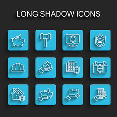 Set line House with shield, Piggy bank, Delivery insurance, Hand holding fire, Calendar and icon. Vector