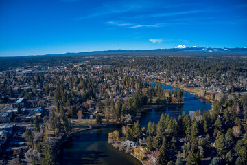 Aerial view of Mirror Pond, Drake Park and Mount Bachelor in Bend, Oregon.