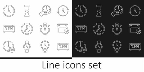 Set line Digital alarm clock, Calendar with check mark, Clock, Stopwatch and Old hourglass icon. Vector