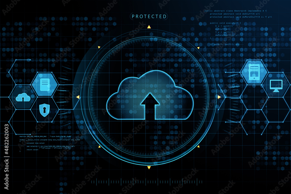 Poster Creative glowing cloud computing hologram on blue background. Database and storage concept. 3D Rendering.