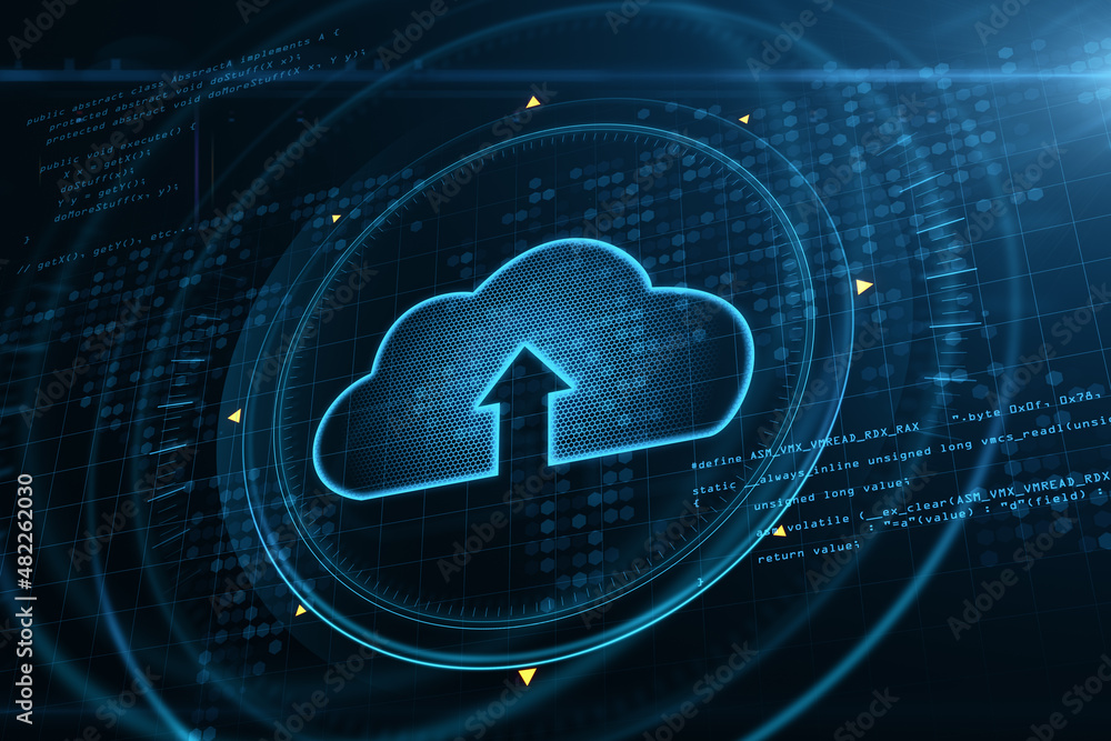 Poster Creative glowing cloud computing hologram on blue backdrop. Database and storage concept. 3D Rendering.