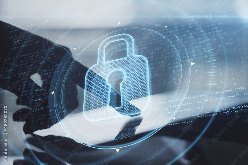 Poster close up of female hand pointing at tablet with abstract glowing keyhole padlock interface on blurry