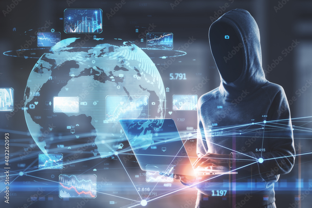 Poster Hacker in hoodie using laptop with creative glowing globe hologram with forex charts and graphs on blurry background. Trade, big data, stock, global business and finance concept. Double exposure.