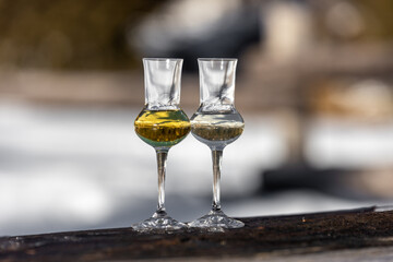 Flavored Grappa (Schnapps) glasses in Cortina d'Ampezzo, Dolomites, Italy