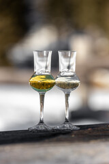 Flavored Grappa (Schnapps) glasses in Cortina d'Ampezzo, Dolomites, Italy