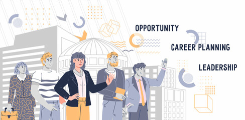 Website banner for business thematic of career planning and leadership, flat cartoon vector illustration. Website interface with confident business people team.