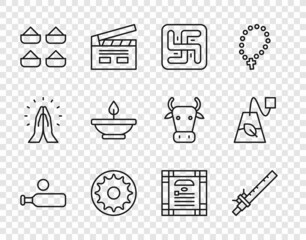 Set line Wood cricket bat and ball, Bamboo flute indian, Hindu swastika, Chakra, Indian spice, Aroma lamp, constitution day and Tea bag icon. Vector