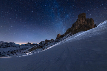 Starry winter night in Passo Giau, an alpine pass near Cortina d'Ampezzo, Dolomites, Italy