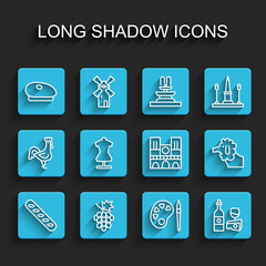 Set line French baguette bread, Grape fruit, beret, Paint brush with palette, Wine bottle cheese, Mannequin, Poodle dog and Notre Dame icon. Vector