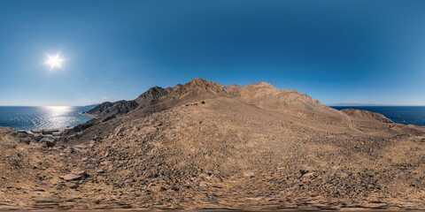 360 panorama hdr view from the height of the mountains range  to the blue sea in seamless spherical equirectangular projection © hiv360
