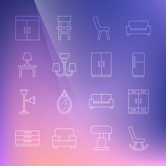 Set line Armchair, Wardrobe, Refrigerator, Chandelier, Table lamp on table, and icon. Vector