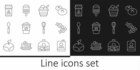 Set line Cookbook, Candy, Ice cream in bowl, Coffee cup to go, Spoon, Jar honey, Kitchen whisk and icon. Vector