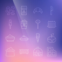 Set line Chocolate bar, Apple in caramel, Cake, Croissant, Coffee cup to go, Ice cream, Jelly candy and Lollipop icon. Vector