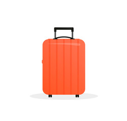 Red plastic travel suitcase in flat style isolated on white. Coral travel bag.