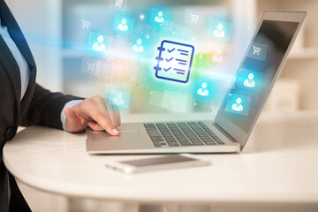 Businessman working on laptop with new business