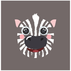 Cute zebra portrait square smile head cartoon round shape animal avatar face, isolated mascot vector icon illustration. Flat simple hand drawn for kids poster, app ui cards, t-shirts, baby clothes