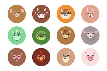 Round Animals Set Chinese Zodiac Twelve Signs portraits Icons Cute cartoon illustration flat vector avatars rat, ox, tiger, rabbit, dragon, snake, horse, goat isolated for UI, app, mobile, kids poster