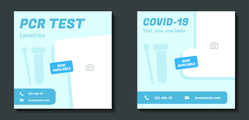 COVID-19 PCR test social media banner set, corona virus swab advertisement, pandemic laboratory rapid test abstract square ad, stop the spread flyer leaflet industrial concept, isolated