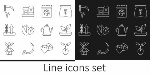 Set line Sprout, Pack full of seeds of plant, Pistachio nuts, Wheat, Scythe, Watering can and Farm house icon. Vector