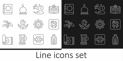 Set line Bottle of water, Ramadan fasting, Wudhu, Star and crescent, Date fruit, Holy book Koran, Octagonal star and Muslim Mosque icon. Vector
