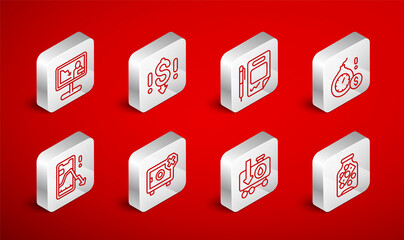 Set line Glass money jar with coin, Dollar rate decrease, Contract and pen, Money bomb dollar crisis, Drop crude oil price, Global economic news, Safe and Mobile stock trading icon. Vector