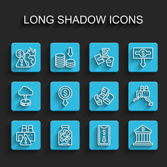 Set line Shutdown of factory, Glass money jar with coin, Global economic crisis, Mobile stock trading, Bank building, Dollar rate decrease, and Credit card icon. Vector