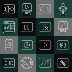 Set line Photo retouching, Stopwatch, MP3 file, Speaker volume, Pause button, Music player, and Add playlist icon. Vector