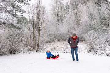 A family of Caucasians are resting in nature, a man kataers a child on a sled.