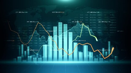 Stock market abstract finance background with motion graph, chart bars and financial information. Global business analyzing concept with trade statistics. Seamless loop. - Powered by Adobe