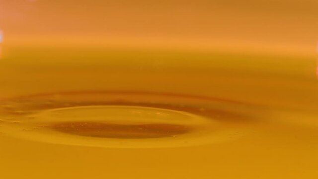 SLOW MOTION MACRO, DOF: Golden droplet falls into a container full of cold pressed extra virgin olive oil. Shiny drops fall into a dish filled with unrefined avocado oil. Organic cooking ingredient