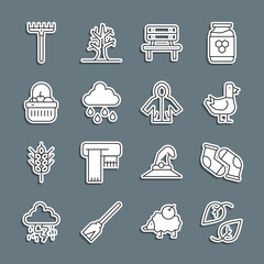Fototapeta premium Set line Leaf, Socks, Dove, Bench, Cloud with rain, Basket and food, Garden rake and Raincoat icon. Vector