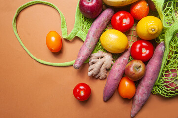 Fruits and vegetables on the table in a bag grocery shopping food deliver sustainaility concept
