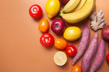 Fruits and vegetables on the table in a bag grocery shopping food deliver sustainaility concept