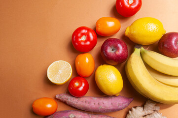 Fruits and vegetables on the table in a bag grocery shopping food deliver sustainaility concept
