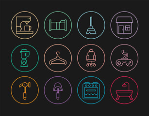 Set line Bathtub, Gamepad, Handle broom, Hanger wardrobe, Blender, Coffee machine, Office chair and Bed icon. Vector